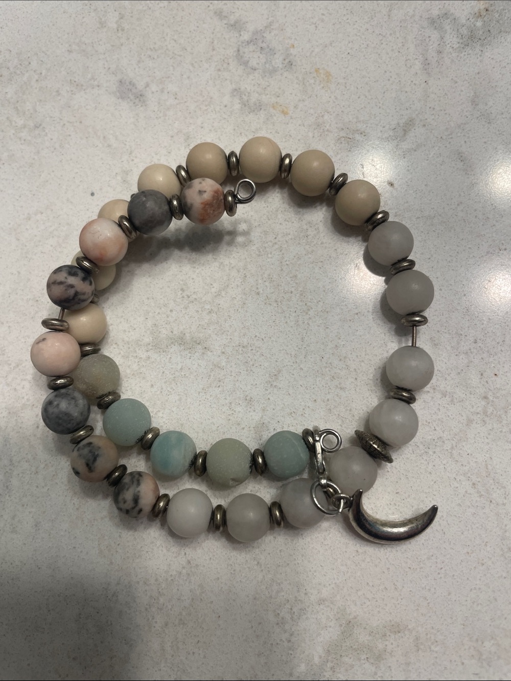 Beaded Double-Wrap Bracelet with Crescent Charm - Neutral Multi